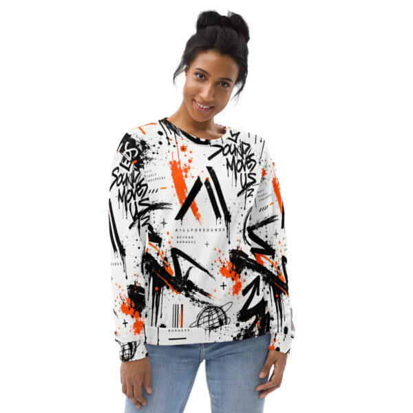 all-over-print-recycled-unisex-sweatshirt-white-front-6a9c3fd070089.jpg AillForSounds SOUND BEYOND BORDERS Graffiti Unisex Sweatshirt