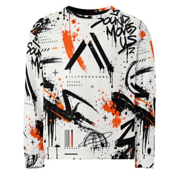 all-over-print-recycled-unisex-sweatshirt-white-front-6a9c3fd074732.jpg AillForSounds SOUND BEYOND BORDERS Graffiti Unisex Sweatshirt